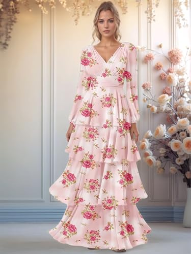 ALFEICE Women's Long Sleeve Tiered Bridesmaid Dresses 2025 V Neck Chiffon Long Formal Wedding Guest Dress3