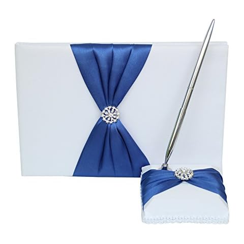 ARKSU Guest Book and Pen Set Holder, Hardcover with Stain Ribbon and Rhinestone Decorations for Rustic Wedding Ceremony Party Favor-Dark Blue, 72 Pages Cover