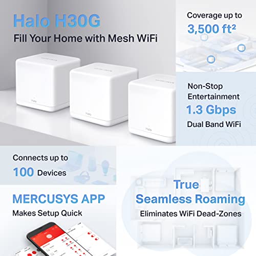 MERCUSYS ROTEADOR WI-FI MESH NA CASA TODA AC1300 HALO H30G (PACK C/ 3), Branco