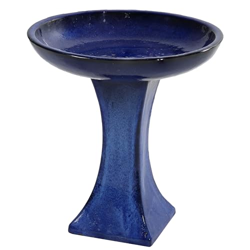 Sunnydaze Ceramic Bird Bath for Outside - 16' H - UV- and Frost-Resistant - Pedestal Bird Bath - Blue Glazed Bowl - Blue Glaze Finish