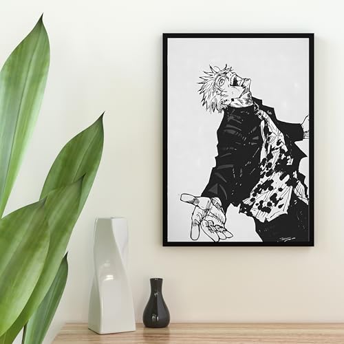 Image of PostlateBlack & White Manga Style Anime Character Wall Art Poster with Frame - Japanese Sketch Artwork for Bedroom, Gaming Room, Living Room & Anime Fans Decor (Design 8)