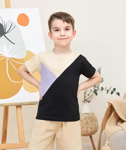 Image of Ayzozuy Boy Clothes Colorblock Top + Drawstring Waist Shorts 2 Pieces Kid Summer Outfits Set