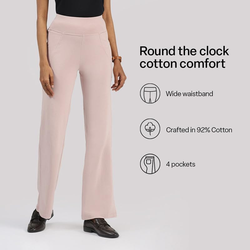 Image of Blissclub AM:PM Cotton Flare Pants for Women Above 5'5 ft Tall | Wide Waistband, 4 Pockets | Bell Bottom Pants and high Waist Trousers for Office wear