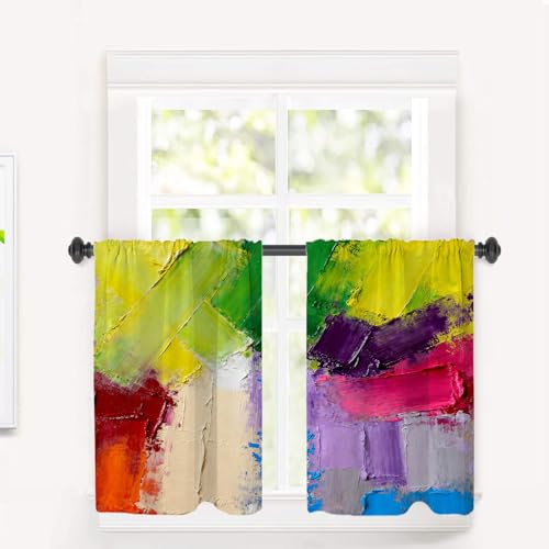 BaoNews Multicolor Blackout Tier Curtains, Multicolor Oil Canvas Structure Knife Half Window Drapes for Kitchen with Rod Pocket,Room Darkening 2 Pack 26X36 Inches