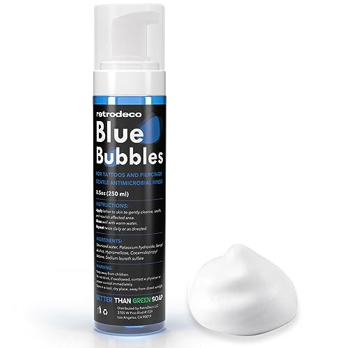 RetroDeco Blue Bubbles 8.5oz Foaming Aftercare Tattoo Soap to Heal, Cleanse, and Clean Skin & Piercings - Gentle, Moisturizing, & Vegan Formula (Blue Foam, 8.5 Fl Oz)