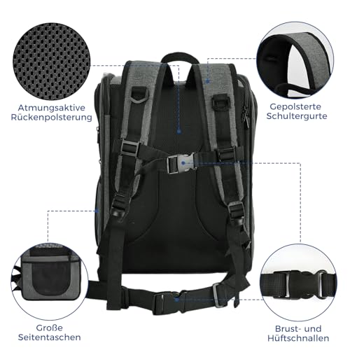 apollo walker HundeRucksack und KatzenRucksack für Kleine Haustiere(Belastbarkeit 2-15kg) - Gepolsterter Rückenstütze Hundetasche Atmungsaktiver Netz-Tierrucksack für Wandern, Reisen, Outdoor Grau