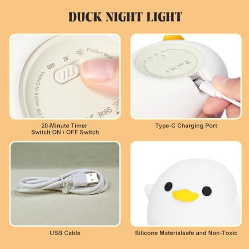 YuanDian Dodo Duck LED Nachtlicht, Veilleuse enfant, Niedliche Silikon-Enten-Lampe für Schlafzimmer, Wohnzimmer - Wiederaufladbar, Touch Sensor Nachttischlampe