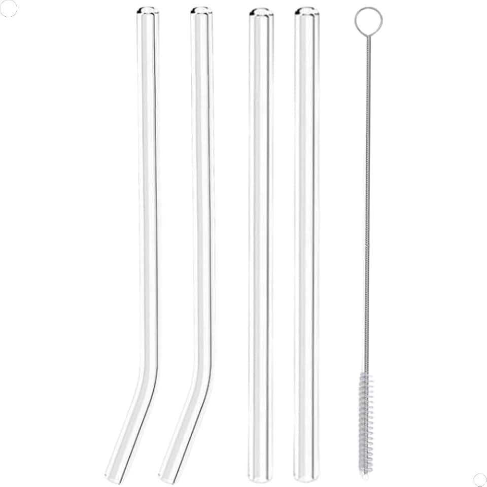 Kit 4 Canudos De Vidro Reutilizáveis Retos e Curvos Com Escova De Limpeza Sustentáveis 20 cm
