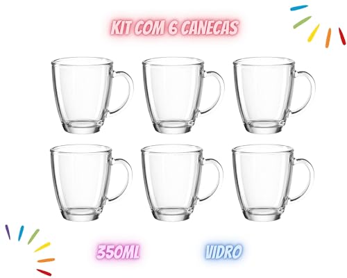 Kit Com 6 Canecas De 350ml De Vidro Grosso E Resistente Serve Café Chá Bebidas Sobremesa Transparent