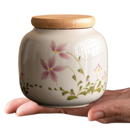 Ceramic Floral Keepsake Urn 3x2 in with Dampproof Bamboo Lid, Mini Human Ashes Memorial Urn & Tea Canister for Pets, Loved Ones & Home Decor