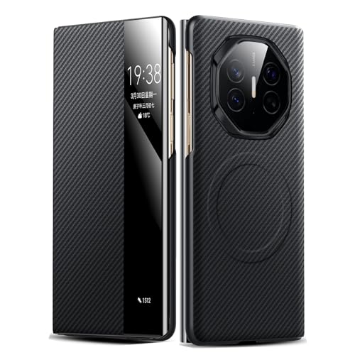 HAO RIYLN Case for Huawei Mate XT, Magnetic Leather Cover Carbon Fiber Texture Window View Function Flip All-Round Protection Case Shell,Black