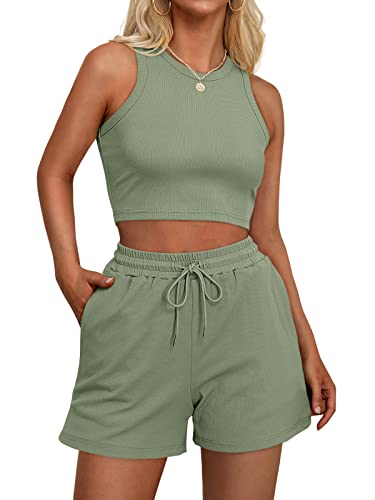 Automet Womens Lounge Sets 2 Two Piece Outfits Sleeveless Crop Top And Drawstring Shorts Sweatsuits Summer Casual Tracksuits #TOP12