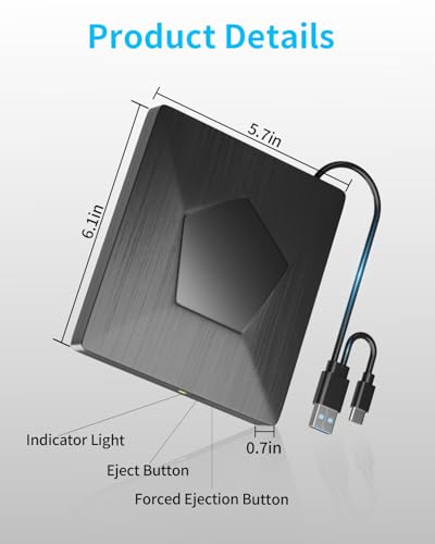 Zewnętrzny napęd Blu-Ray, zewnętrzna nagrywarka Bluray z USB 3.0 i type-C, zewnętrzny czytnik Blu-ray Bluray CD DVD, nagrywarka Bluray do komputera PC, zewnętrzne napędy Blu-ray USB do Windows XP/7/8