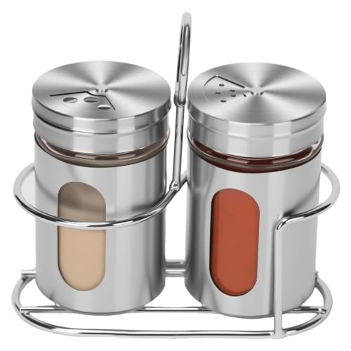 Image of Stainless Steel & Glass Salt Pepper Shaker Spice Jars with Stand for Oregano, Chilli Flakes, Sugar, Seasoning Sprinkler | Dining Table Masala with Stand (Set of 2)