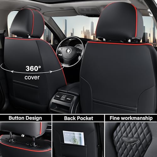 Image of Coverado Car Seat Covers Full Set, Black Seat Covers, Waterproof Car Seat Cover, Car Seat Cushion, Car Seat Covers Front Seats Back Seat Covers, Car Seat Protector Universal Fit Most Cars Red Line
