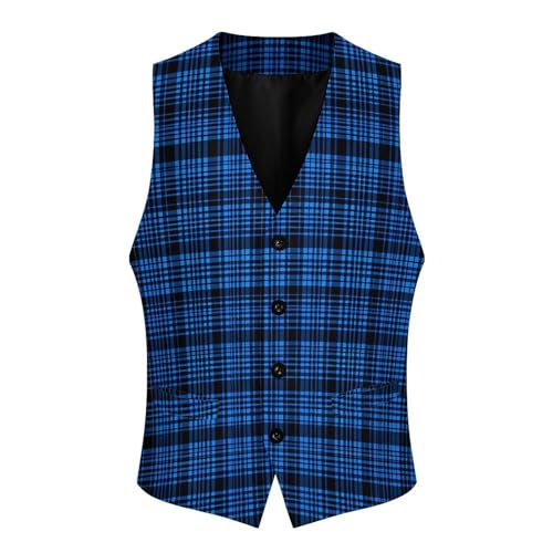 Classic Blue Plaid Men's Suit Vest Slim Fit Business Dress Party Pattern Waistcoat Vest Top 5