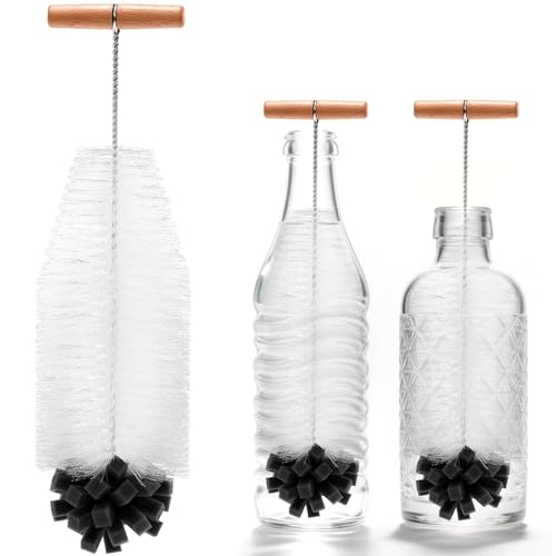 Brosse à Bouteille de 35 cm, Goupillon Bouteille, Brosse Longue pour Nettoyer Les Bouteilles, avec Poils et éponge, Brosse de Nettoyage pour carafes en...