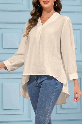Summer V-Neck Linen Shirts for Women 3/4 Sleeve, Womens Flowy Cotton Linen Blouses Tops with Long Hem3