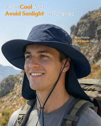 Image of Sun Hats for Men Wide Brim Bucket Hat with Neck Flap for Fishing & Hiking Mens Sun Hat for UV Protection