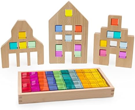 Wooden Toys Building Toys for Kids – 50-Piece Building Blocks Set with 3 Houses and Tray – Toys & Games Toys for Girls Toys for 3 Year Old Boys Cool Toys Toddler Toys