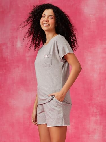 Image of Clovia Women's Grey Cotton T-Shirt & Shorts