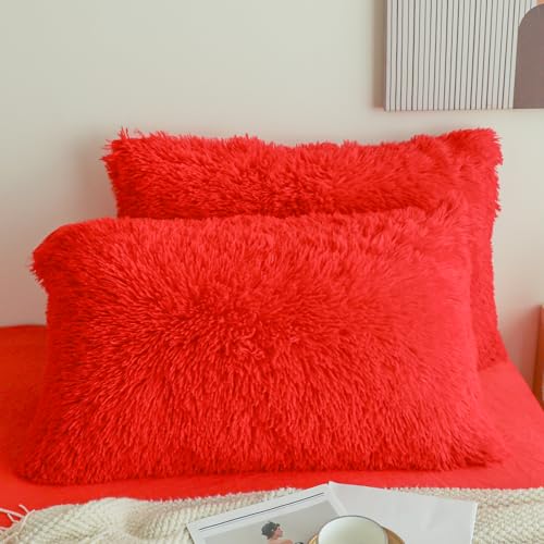 HAIHUA Faux Fur Fluffy Fuzzy Plush Red Pillow Case Set of 2, Soft Decorative Pillow Covers for Bed, Bedroom, Living Room, Zipper Closure, Standard Size (20'x26', Red)