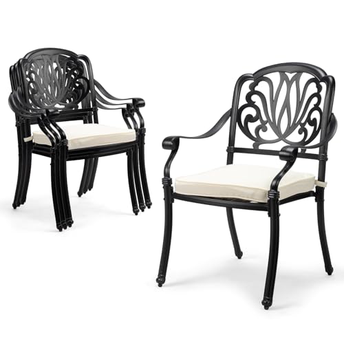 VINGLI Patio Chairs Set of 4 - Stackable Outdoor Cast Aluminum Dining Chairs with Vintage Black Finish and Floral Pattern, Metal Armchairs for Poolside, Backyard, Balcony (with Cushion)