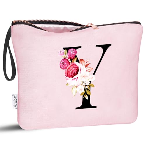 Image of Vavabox A-Z Personalized Makeup Bag, Birthday Gifts for Women Mom, Gifts for Best Friend, Bride Bridesmaid Cosmetic bag (Y, 06-Pink)