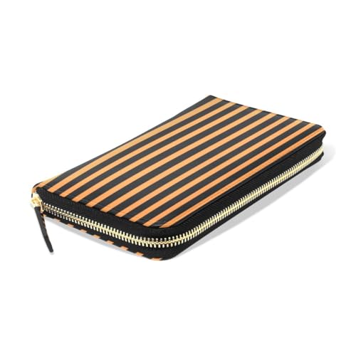 Long Wallets Leather Bifold Wallet for Women Orange Black Stripe with Zipper Credit Card Holder Large Capacity3
