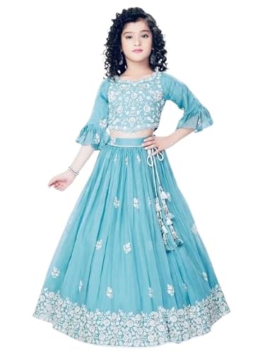 disson Girls Turquoise Lehenga Choli Set with Bell Sleeves, Floral