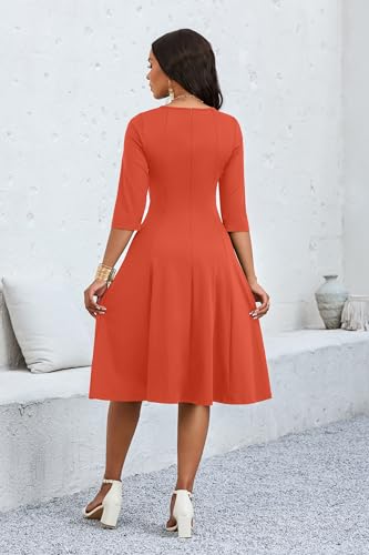 Image of CLOCOR Casual Midi Dresses for Women A-Line Fit and Flare Elegant Church 3 /4 Sleeve Crew Neck Dress with Pocket
