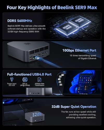 Image of Beelink SER9 Mini PC, AMD Ryzen 7 H255 (Up to 4.9GHz), 32GB DDR5 5600MHz 1TB NVMe SSD, Radeon 780M, 10G LAN, USB4, WiFi 6, BT5.2, 4K@240Hz Triple Display, Desktop Computer
