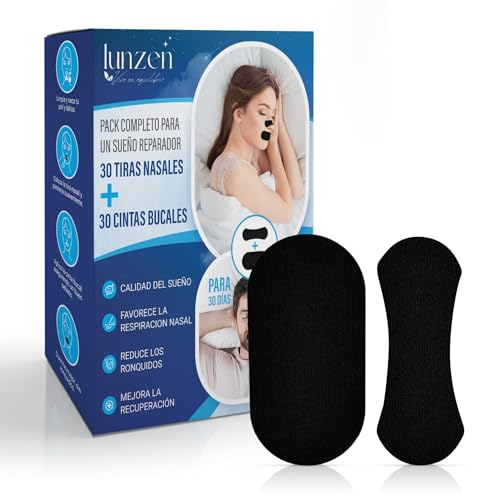 LUNZEN 60u: 30 Mouth tape y 30 Tiras Nasales Antironquidos, Hipoalergénico Tiras Bucales para Dormir Nasal Strips Cinta bucal para dormir Respirar Mejor por la Nariz Sueño Reparador nose strips
