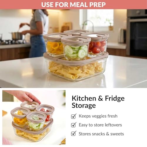 Image of Nestasia Vento Glass Containers with Lid Set of 5 (220ml x 4, 1320ml x 1) - Microwave, Refrigerator & Dishwasher Safe Containers with Air Vent Lid for Fridge Storage (Beige)