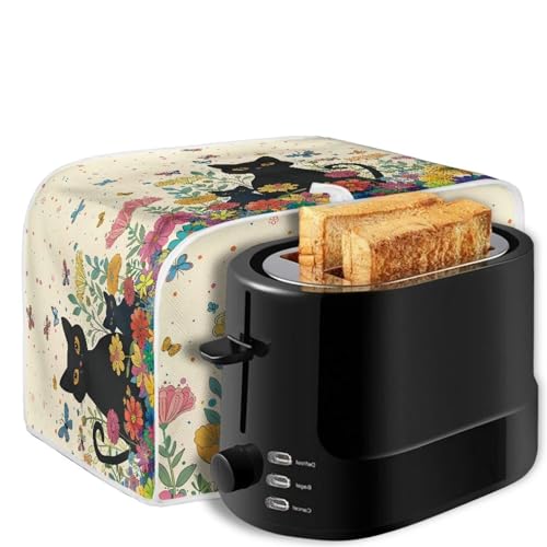 Image of Talayituse Cat Butterfly Flower Print 4 Slice Toaster Dust Covers Kitchen Small Appliance Cover, Stain Resistant Dust Protection Bread Machine Cover with Top Handle, M