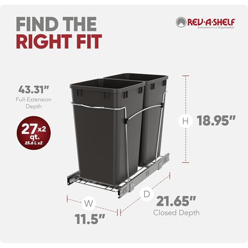 Image of Rev-A-Shelf Double Pullout Garbage Trash Cans for Kitchen Cabinets, 27 Qt