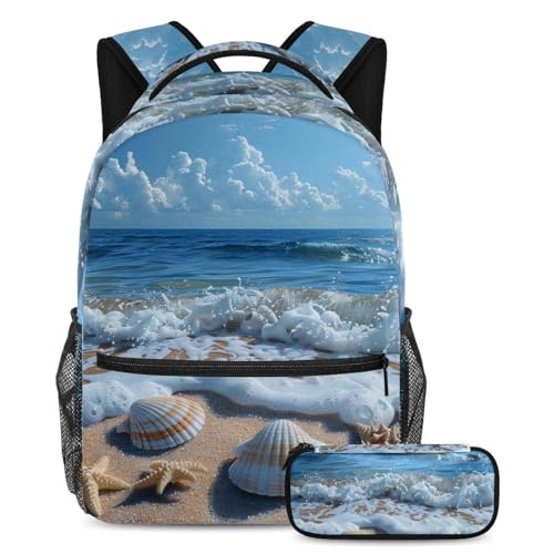 Sac à dos grande capacité coquillages et étoiles pour les cours et loisirs des ados