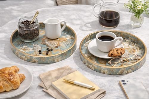 Image of Round Wooden Serving Tray Set of 2, Decorative Floral Design Resin Coated Trays with Raised Edge, Multipurpose Serving & Home Decor Trays for Dining Table, Centre Table & Kitchen