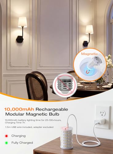 Image of CLOUDY BAY 10000mAh Battery Operated Wall Sconces,Up to 100 Hours with Rechargeable RGB Dimmable Magnetic Bulb,Cordless Wall Lighting Fixtures with Remote for Bedroom,Black,2 Pack-17.9in