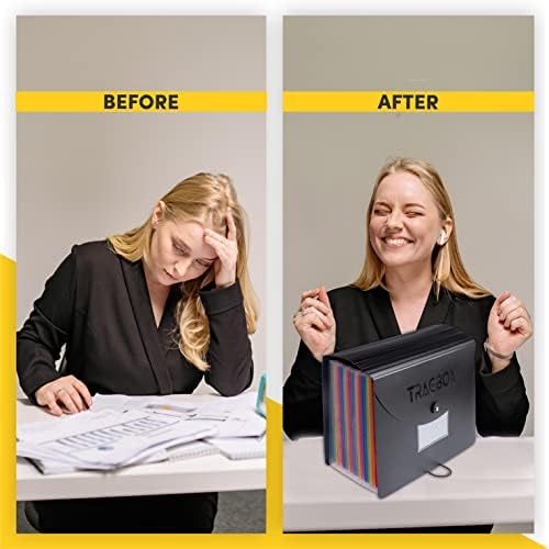 TRAGBOX 24 Pockets Expanding File Folder Organiser File Organiser Box Document Organiser, Files and Folders for Paperwork A4 with Lid and Colour Labels Box Folder & Accordion Filing Folders