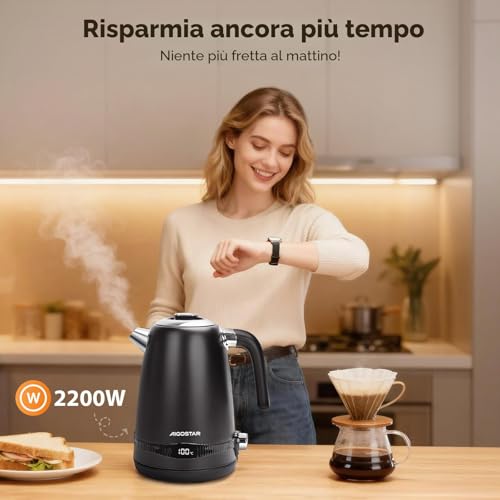 Aigostar Bollitore Elettrico Temperatura Regolabile Acciaio Inox 1,7 Litri Nero - Bollitore Acqua Elettrico 2200W, Funzione di Mantenimento in Caldo, Senza Plastica All'interno, Senza BPA - Immagine 4