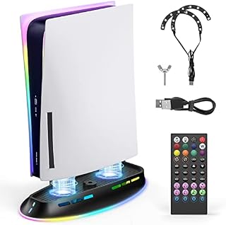 zerotop PS5 Stand with Cooling Fan and RGB LED Light for Playstation 5 Disc/Digital Edition, PS5 Cooling Station PS5 Fan Cooler System PS5 Vertical Base, Built-in LED Light with IR Remote, 2 USB Ports