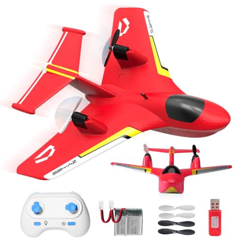 Fremego RC Flugzeug für Wasser, Land und Luft,2.4GHz Glider Ferngesteuertes Flugzeug mit 2 Batterien und Licht,2CH Kampfflugzeug Modell Spielzeug für Kinder Anfänger (Rot)