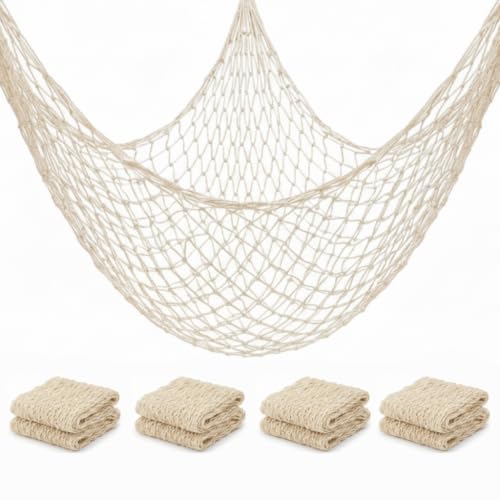 Image of Sukh Fish Net Decorations for Party - 4PCS 39.37 * 78.74 in Fishing Net Decoration Netting for Wall Photo Hanging Nautical Fishnet Table Runner Decorative Ocean Theme Birthday Party Rope Nets