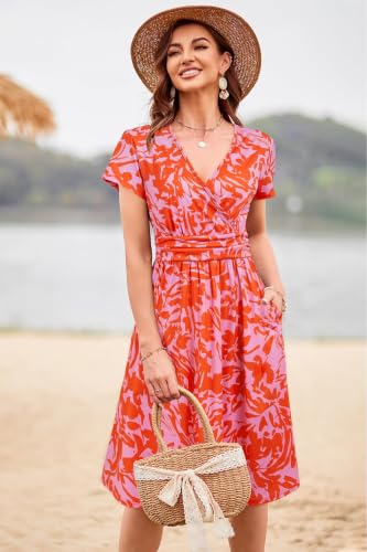 Image of Newshows Women's Pockets Wrap V Neck Floral Summer Vacation Casual Sundress | Wrinkle Free, Stretchy, Summer Beach Floral Sundress 2026, Casual Dress for Vacation, Guaduation, Side Pockets, A-line