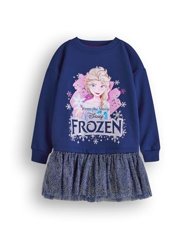 Disney Frozen Girls Sweater Dress | Kids Princess Elsa Sweatshirt with Sparkly Tulle Skirt in Navy | Glitter Graphic Jumper All in One Complete Outfit | Film Movie Merchandise Apparel Gift Children