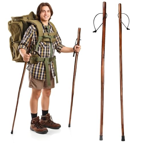 Mezchi 2 Pack Wood Walking Stick, 48 in Natural Wooden Walking Cane, Rustic Cedarwood Hiking Sticks Trekking Poles with Wrist Strap and Rubber Tip for Outdoor Activities, Women, Men