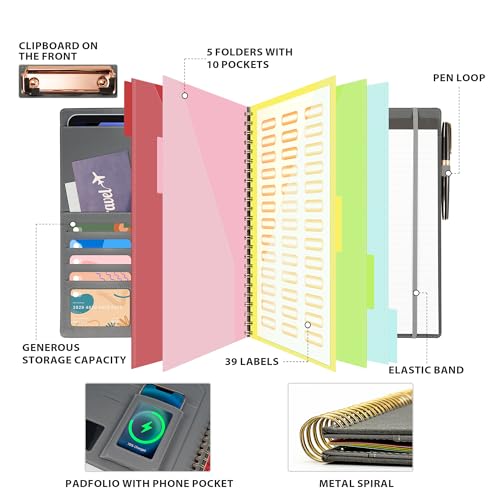 Image of Ospelelf Clipboard with Storage for Men Women, Leather Padfolio Portfolio Organizer 5 Folders with 10 Pockets, Spiral Clipboard Folio with Notepad for Letter Size, Elastic Closure and Pen Loop Grey