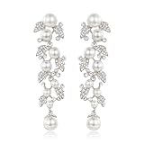 EVER FAITH Women's Crystal Cream Simulated Pearl Bridal Leaf Dangle Earrings Clear Silver-Tone