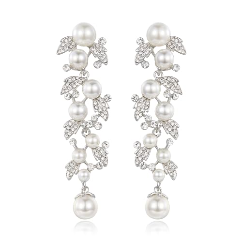EVER FAITH Women's Crystal Cream Simulated Pearl Bridal Leaf Dangle Earrings Clear Silver-Tone